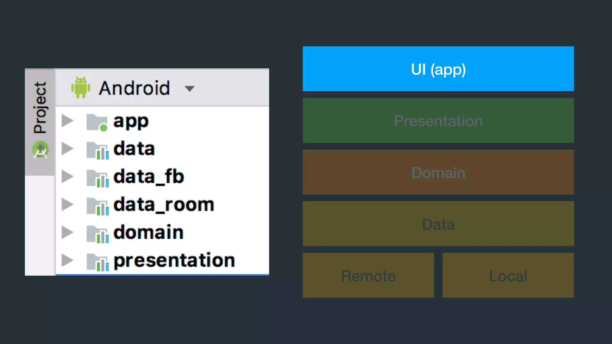 UI (app)
Presentation
Domain
Remote Local
Data
 