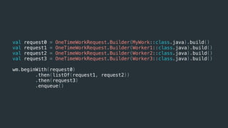 val request0 = OneTimeWorkRequest.Builder(MyWork::class.java).build()
val request1 = OneTimeWorkRequest.Builder(Worker1::class.java).build()
val request2 = OneTimeWorkRequest.Builder(Worker2::class.java).build()
val request3 = OneTimeWorkRequest.Builder(Worker3::class.java).build()
wm.beginWith(request0)
.then(listOf(request1, request2))
.then(request3)
.enqueue()
 