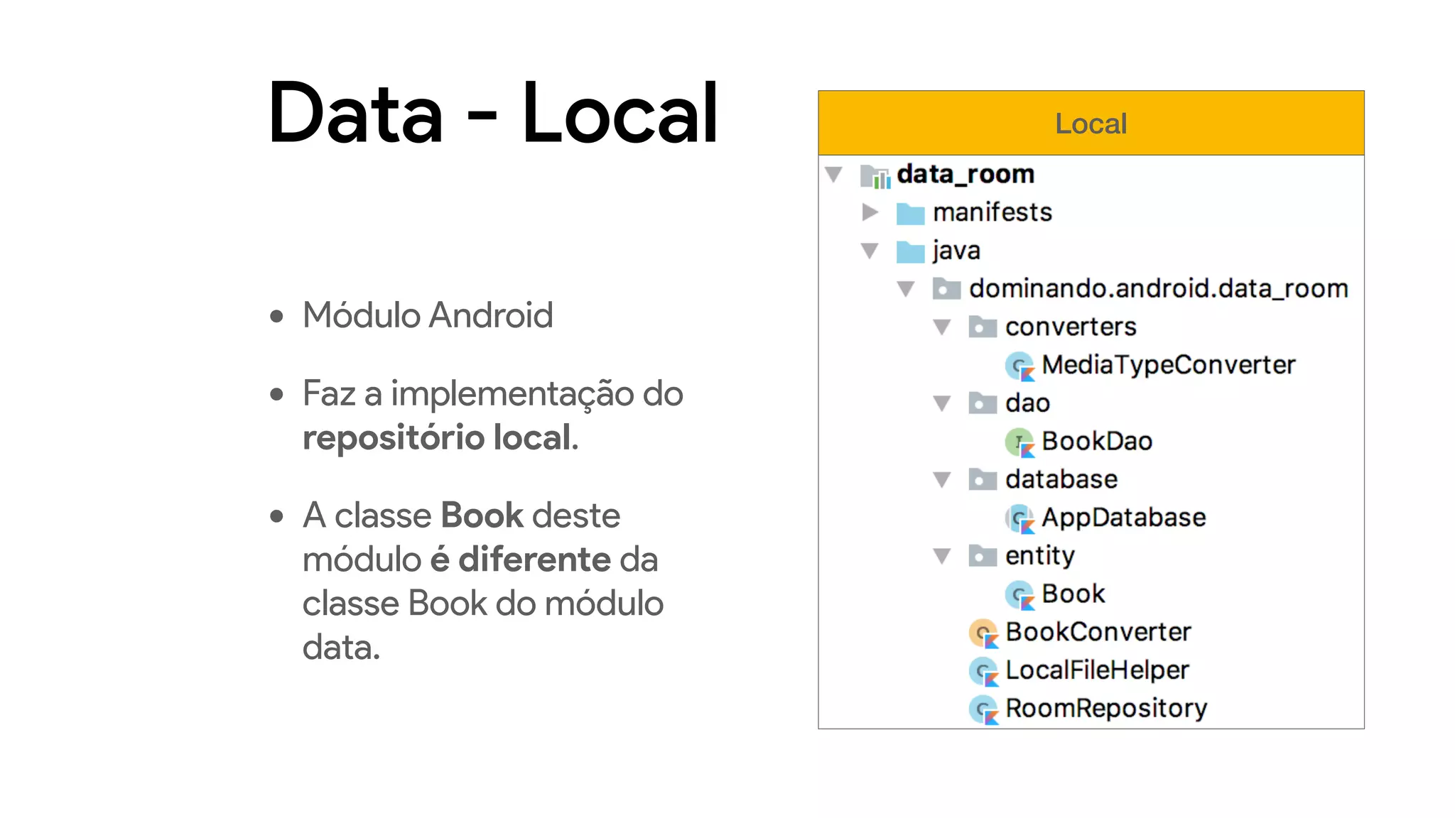 Data - Local
• Módulo Android
• Faz a implementação do
repositório local.
• A classe Book deste
módulo é diferente da
classe Book do módulo
data.
Local
 