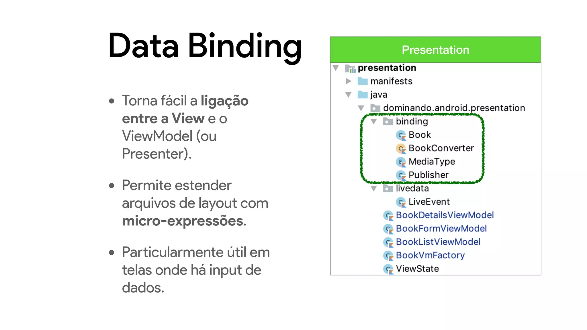 Data Binding
• Torna fácil a ligação
entre a View e o
ViewModel (ou
Presenter).
• Permite estender
arquivos de layout com
micro-expressões.
• Particularmente útil em
telas onde há input de
dados.
Presentation
 
