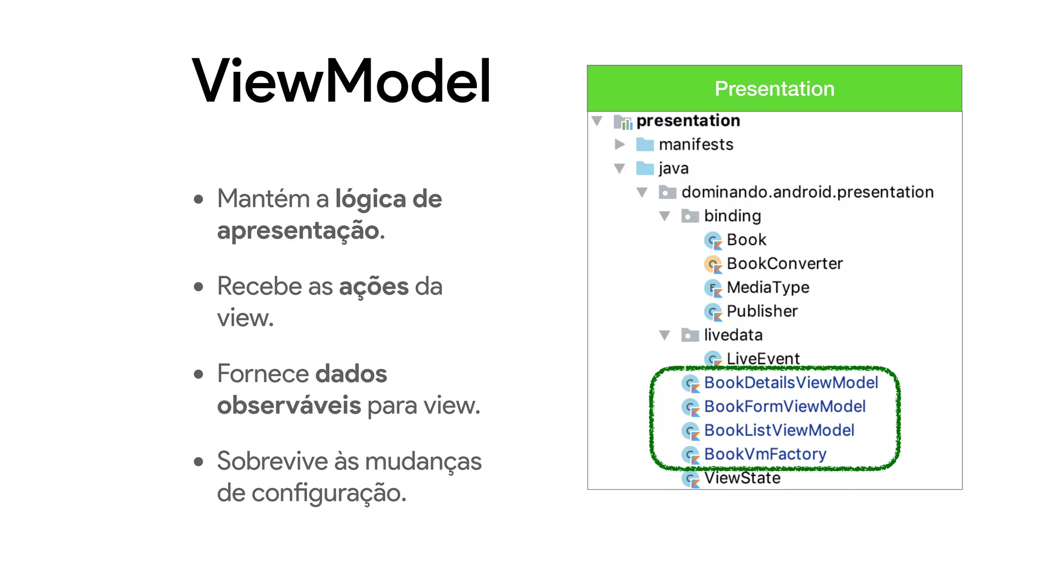 ViewModel Presentation
• Mantém a lógica de
apresentação.
• Recebe as ações da
view.
• Fornece dados
observáveis para view.
• Sobrevive às mudanças
de configuração.
 