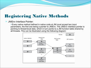 Registering Native Methods
 JNIEnv Interface Pointer:
Every native method defined in native code at JNI must accept two input
parameters, the first one being a pointer to JNIEnv. The JNIEnv interface pointer is
pointing to thread-local data, which in turn points to a JNI function table shared by
all threads. This can be illustrated using the following diagram:
 