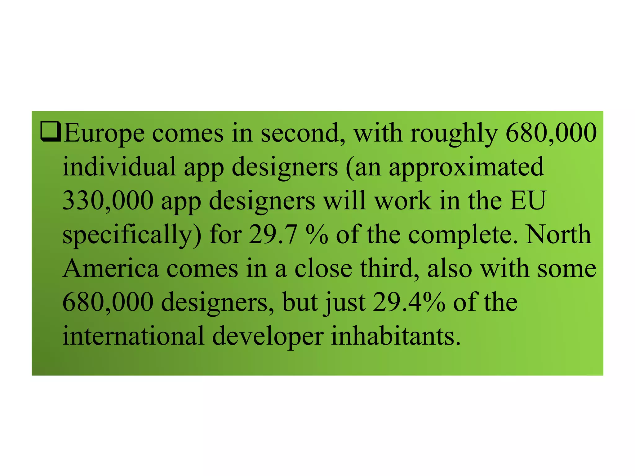Europe comes in second, with roughly 680,000
individual app designers (an approximated
330,000 app designers will work in the EU
specifically) for 29.7 % of the complete. North
America comes in a close third, also with some
680,000 designers, but just 29.4% of the
international developer inhabitants.
 
