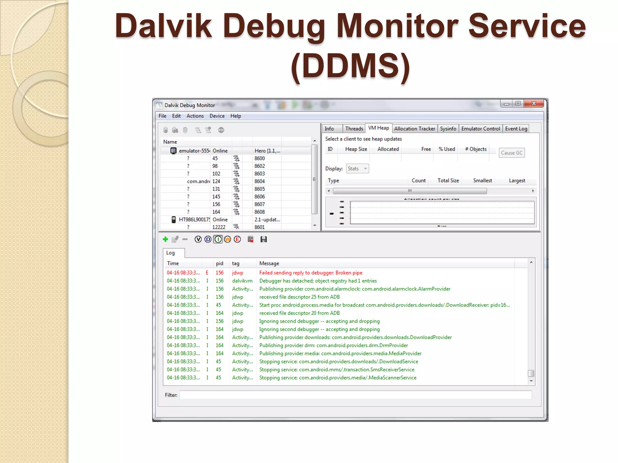 Dalvik Debug Monitor Service
(DDMS)
 