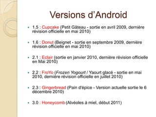 Versions d’Android
 1.5 : Cupcake (Petit Gâteau - sortie en avril 2009, dernière
révision officielle en mai 2010)
 1.6 : Donut (Beignet - sortie en septembre 2009, dernière
révision officielle en mai 2010)
 2.1 : Eclair (sortie en janvier 2010, dernière révision officielle
en Mai 2010)
 2.2 : FroYo (Frozen Yogourt / Yaourt glacé - sortie en mai
2010, dernière révision officielle en juillet 2010)
 2.3 : Gingerbread (Pain d'épice - Version actuelle sortie le 6
décembre 2010)
 3.0 : Honeycomb (Alvéoles à miel, début 2011)
 