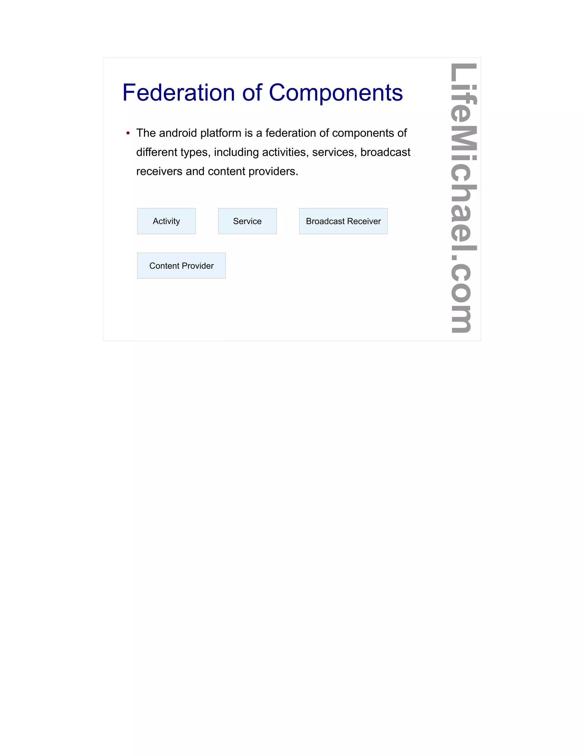 Federation of Components
LifeMichael.com
● The android platform is a federation of components of
different types, including activities, services, broadcast
receivers and content providers.
Activity Service Broadcast Receiver
Content Provider
 