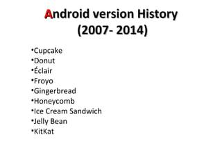 AAnnddrrooiidd vveerrssiioonn HHiissttoorryy 
((22000077-- 22001144)) 
•Cupcake 
•Donut 
•Éclair 
•Froyo 
•Gingerbread 
•Honeycomb 
•Ice Cream Sandwich 
•Jelly Bean 
•KitKat 
 