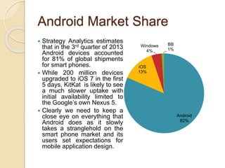 Android Market Share
 Strategy Analytics estimates
that in the 3rd quarter of 2013
Android devices accounted
for 81% of global shipments
for smart phones.
 While 200 million devices
upgraded to iOS 7 in the first
5 days, KitKat is likely to see
a much slower uptake with
initial availability limited to
the Google’s own Nexus 5.
 Clearly we need to keep a
close eye on everything that
Android does as it slowly
takes a stranglehold on the
smart phone market and its
users set expectations for
mobile application design.
Android
82%
iOS
13%
Windows
4%
BB
1%
 