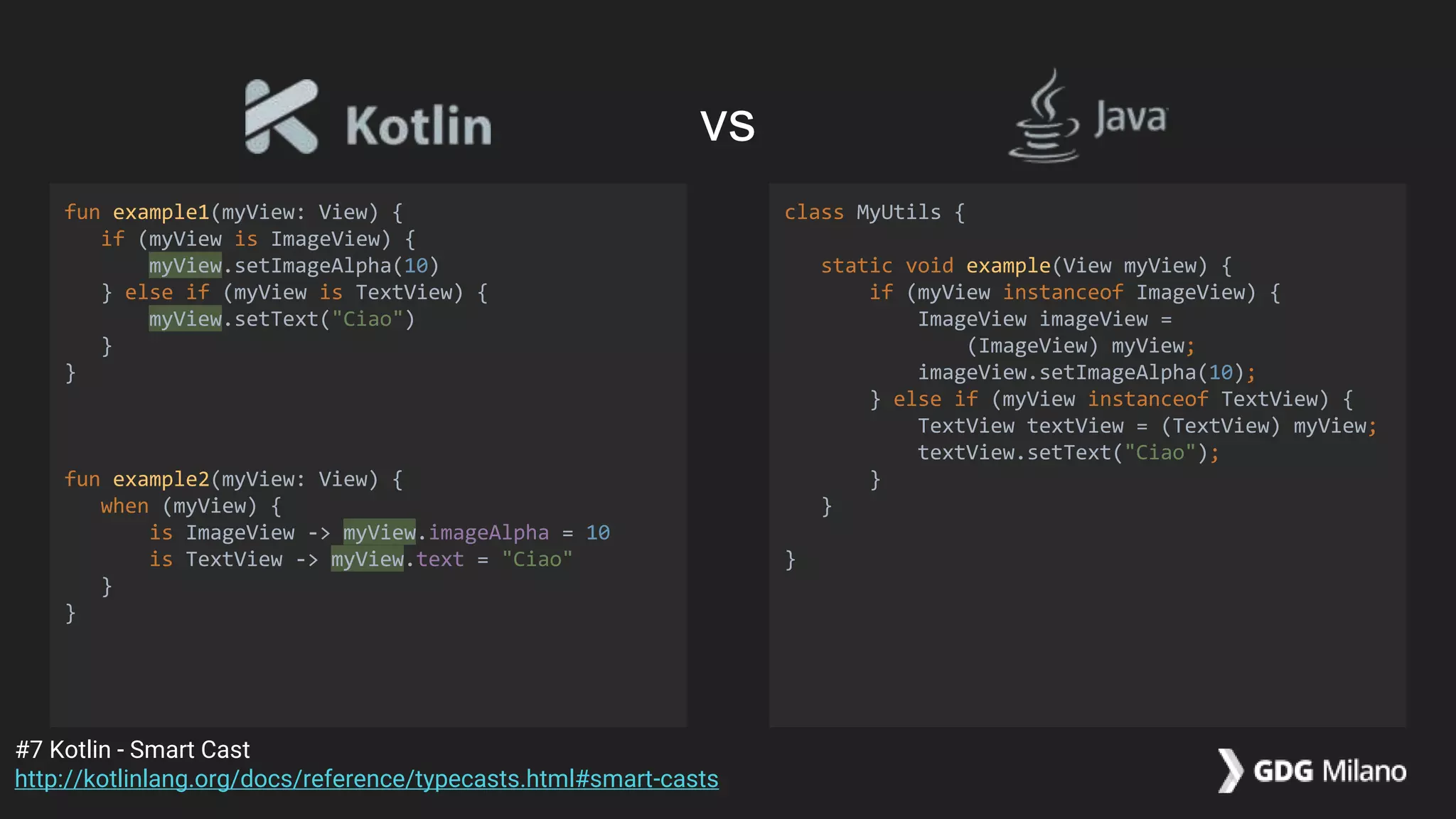 fun example1(myView: View) {
if (myView is ImageView) {
myView.setImageAlpha(10)
} else if (myView is TextView) {
myView.setText("Ciao")
}
}
fun example2(myView: View) {
when (myView) {
is ImageView -> myView.imageAlpha = 10
is TextView -> myView.text = "Ciao"
}
}
class MyUtils {
static void example(View myView) {
if (myView instanceof ImageView) {
ImageView imageView =
(ImageView) myView;
imageView.setImageAlpha(10);
} else if (myView instanceof TextView) {
TextView textView = (TextView) myView;
textView.setText("Ciao");
}
}
}
#7 Kotlin - Smart Cast
http://kotlinlang.org/docs/reference/typecasts.html#smart-casts
vs
 