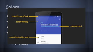 Colors
● colorPrimary (brand)
● colorAccent (controls)
● colorPrimaryDark (status bar)
● Palette API
○ Material Color Palettes
○ Swatches
 