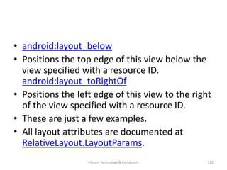 • android:layout_below
• Positions the top edge of this view below the
view specified with a resource ID.
android:layout_toRightOf
• Positions the left edge of this view to the right
of the view specified with a resource ID.
• These are just a few examples.
• All layout attributes are documented at
RelativeLayout.LayoutParams.
120Vibrant Technology & Computers
 