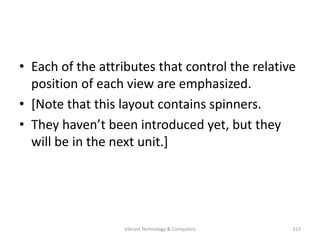 • Each of the attributes that control the relative
position of each view are emphasized.
• [Note that this layout contains spinners.
• They haven’t been introduced yet, but they
will be in the next unit.]
123Vibrant Technology & Computers
 