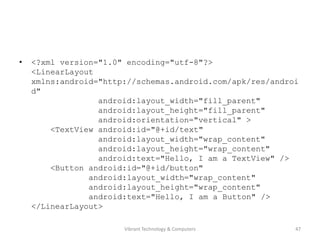 • <?xml version="1.0" encoding="utf-8"?>
<LinearLayout
xmlns:android="http://schemas.android.com/apk/res/androi
d"
android:layout_width="fill_parent"
android:layout_height="fill_parent"
android:orientation="vertical" >
<TextView android:id="@+id/text"
android:layout_width="wrap_content"
android:layout_height="wrap_content"
android:text="Hello, I am a TextView" />
<Button android:id="@+id/button"
android:layout_width="wrap_content"
android:layout_height="wrap_content"
android:text="Hello, I am a Button" />
</LinearLayout>
47Vibrant Technology & Computers
 