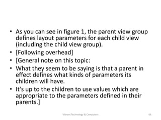 • As you can see in figure 1, the parent view group
defines layout parameters for each child view
(including the child view group).
• [Following overhead]
• [General note on this topic:
• What they seem to be saying is that a parent in
effect defines what kinds of parameters its
children will have.
• It’s up to the children to use values which are
appropriate to the parameters defined in their
parents.]
66Vibrant Technology & Computers
 