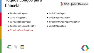 ● BoxInsetLayout 
● Card Fragment 
● CircledImageView 
● ConfirmationActivity 
● DismissOverlayView 
● GridViewPager 
● GridPagerAdapter 
● FragmentGridPagerAdapter 
● WatchViewStub 
Toques Longos para 
Cancelar 
 