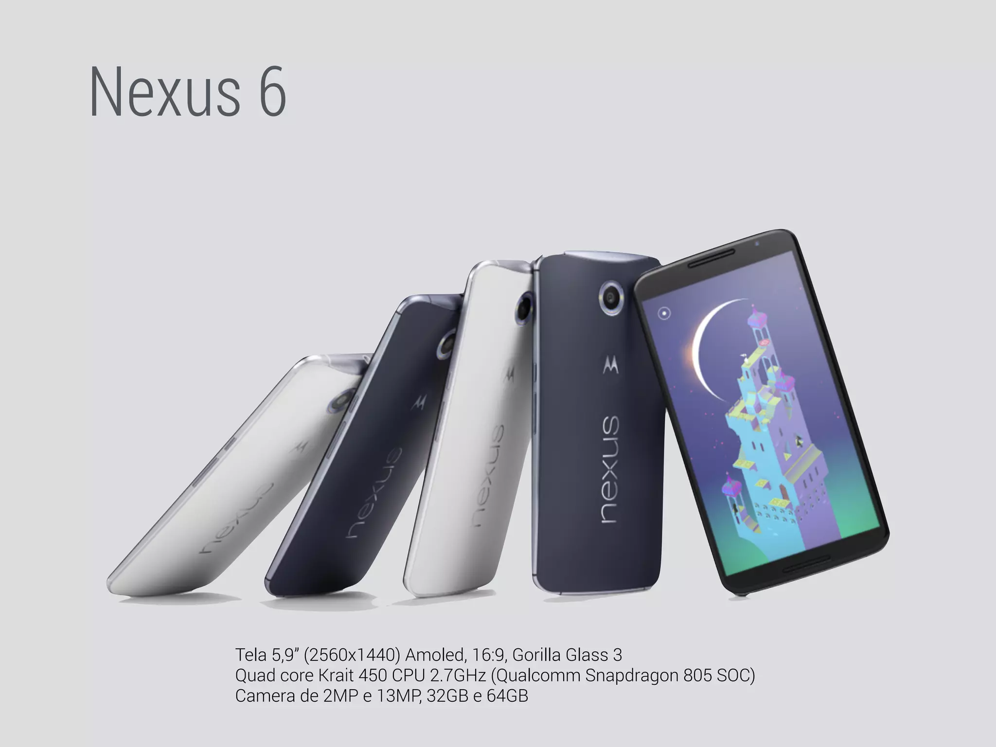 Nexus 6 
Tela 5,9” (2560x1440) Amoled, 16:9, Gorilla Glass 3 
Quad core Krait 450 CPU 2.7GHz (Qualcomm Snapdragon 805 SOC) 
Camera de 2MP e 13MP, 32GB e 64GB 
 