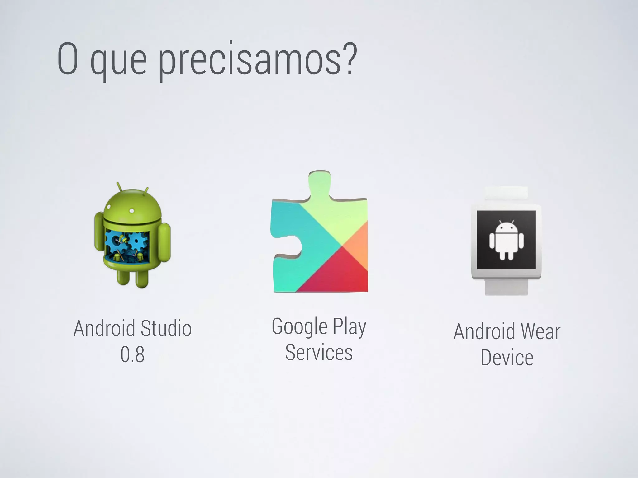 Android Studio 
0.8 
Google Play 
Services 
Android Wear 
Device 
O que precisamos? 
 