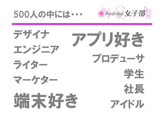 500人の中には・・・

デザイナ
エンジニア
ライター
マーケター

アプリ好き

端末好き

プロデューサ
学生
社長
アイドル

 