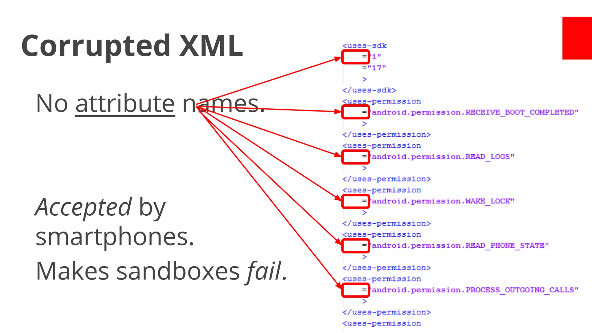 Corrupted XML
No attribute names.

Accepted by
smartphones.
Makes sandboxes fail.

 