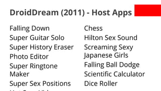 DroidDream (2011) - Host Apps
Falling Down
Super Guitar Solo
Super History Eraser
Photo Editor
Super Ringtone
Maker
Super Sex Positions

Chess
Hilton Sex Sound
Screaming Sexy
Japanese Girls
Falling Ball Dodge
Scientific Calculator
Dice Roller

 