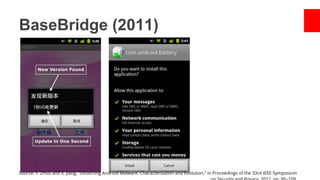 BaseBridge (2011)

Source: Y. Zhou and X. Jiang, “Dissecting Android Malware: Characterization and Evolution,” in Proceedings of the 33rd IEEE Symposium

 