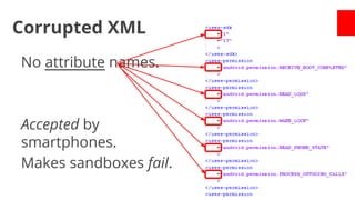 Corrupted XML
No attribute names.

Accepted by
smartphones.
Makes sandboxes fail.

 