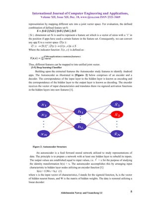 International Journal of Computer Engineering and Applications,
Volume XII, Issue XII, Dec. 18, www.ijcea.com ISSN 2321-3469
Abdelmonim Naway and Yuancheng LI 5
representation by mapping different sets into a joint vector space. For evaluation, the defined
combination of defined feature set S:
| Si |- dimension set Si is used to represent a feature set which is a vector of zeros with a ‘1’ in
the position if apps have used a certain feature in the feature set. Consequently, we can convert
any app X to a vector space ( ) :x
| |
: {0,1} , ( ) ( ( , ))s
x x I x s s S    
Where the indicator function ( , )I x s is defined as:
Thus, different features can be mapped to into unified joint vector.
[3-5] Deep learning Classifier
Building upon the extracted features the Autoencoder study features to identify Android
apps. The Autoencoder as illustrated in [Figure- 2] below comprises of an encoder and a
decoder. The correspondence of the input layer to the hidden layer is known as encoding and
the correspondence of the hidden layer to the output layer is known as decoding. The encoder
receives the vector of input characteristics and translates them via sigmoid activation functions
in the hidden layers into new features [1].
Figure 2: Autoencoder Structure
An autoencoder is a feed forward neural network utilized to study representations of
data. The principle is to prepare a network with at least one hidden layer to rebuild its inputs.
The output values are established equal to input values, i.e. ˆx = x for the purpose of studying
the identity transformation h(x) ≈ x. The autoencoder accomplishes this by arranging input
characteristic to hidden layer nodes utilizing an encoder function [1]:
h(x) = f (Wx + bh) (1)
where x is the input vector of characteristics, f stands for the sigmoid function, bh is the vector
of hidden neuron biases, and W is the matrix of hidden weights. The data is restored utilizing a
linear decoder:
 