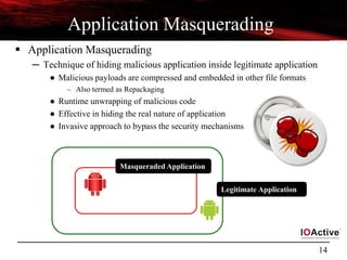 14
Application Masquerading
 Application Masquerading
─ Technique of hiding malicious application inside legitimate application
● Malicious payloads are compressed and embedded in other file formats
– Also termed as Repackaging
● Runtime unwrapping of malicious code
● Effective in hiding the real nature of application
● Invasive approach to bypass the security mechanisms
Legitimate Application
Masqueraded Application
 