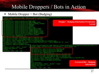 27
Mobile Droppers / Bots in Action
 Mobile Dropper + Bot (Badging)
Dropper – Badging Information Permissions
Layout
Extracted Bot – Badging
Information
 