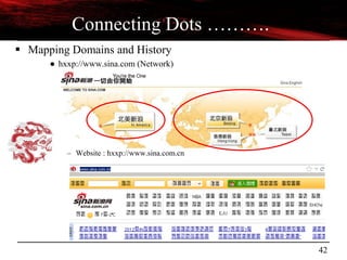 42
Connecting Dots ……….
 Mapping Domains and History
● hxxp://www.sina.com (Network)
– Website : hxxp://www.sina.com.cn
 