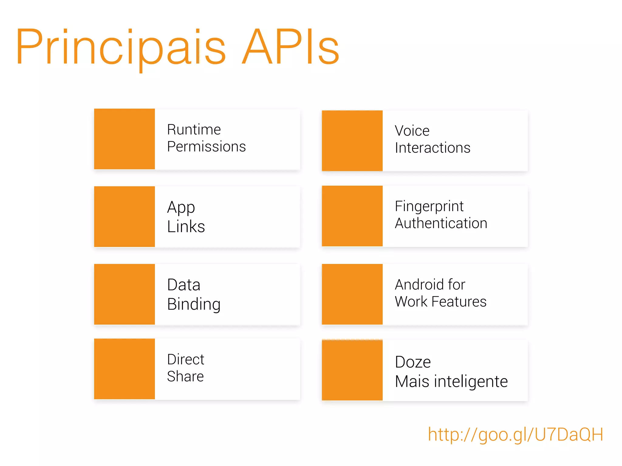 Principais APIs
Runtime
Permissions
App
Links
Data
Binding
Voice
Interactions
Fingerprint
Authentication
Android for
Work Features
Direct
Share
Doze
Mais inteligente
http://goo.gl/U7DaQH
 