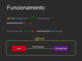 Funcionamento
@Bind(R.id.home_iv) ImageView mImageView;
ButterKnife.bind(this, view);
view mImageView
findViewbyId
@Bind
mImageView = (ImageView)view.findViewbyId(R.id.home_iv);
 