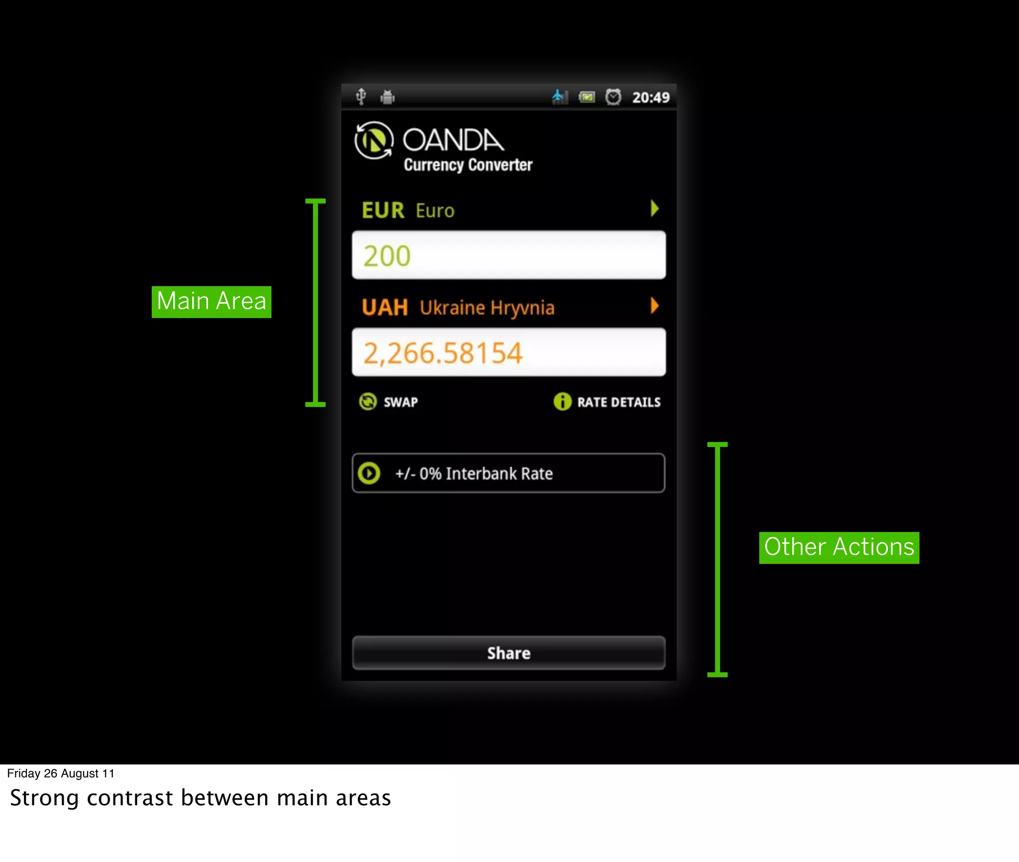 Main Area




                                     Other Actions




Friday 26 August 11

Strong contrast between main areas
 