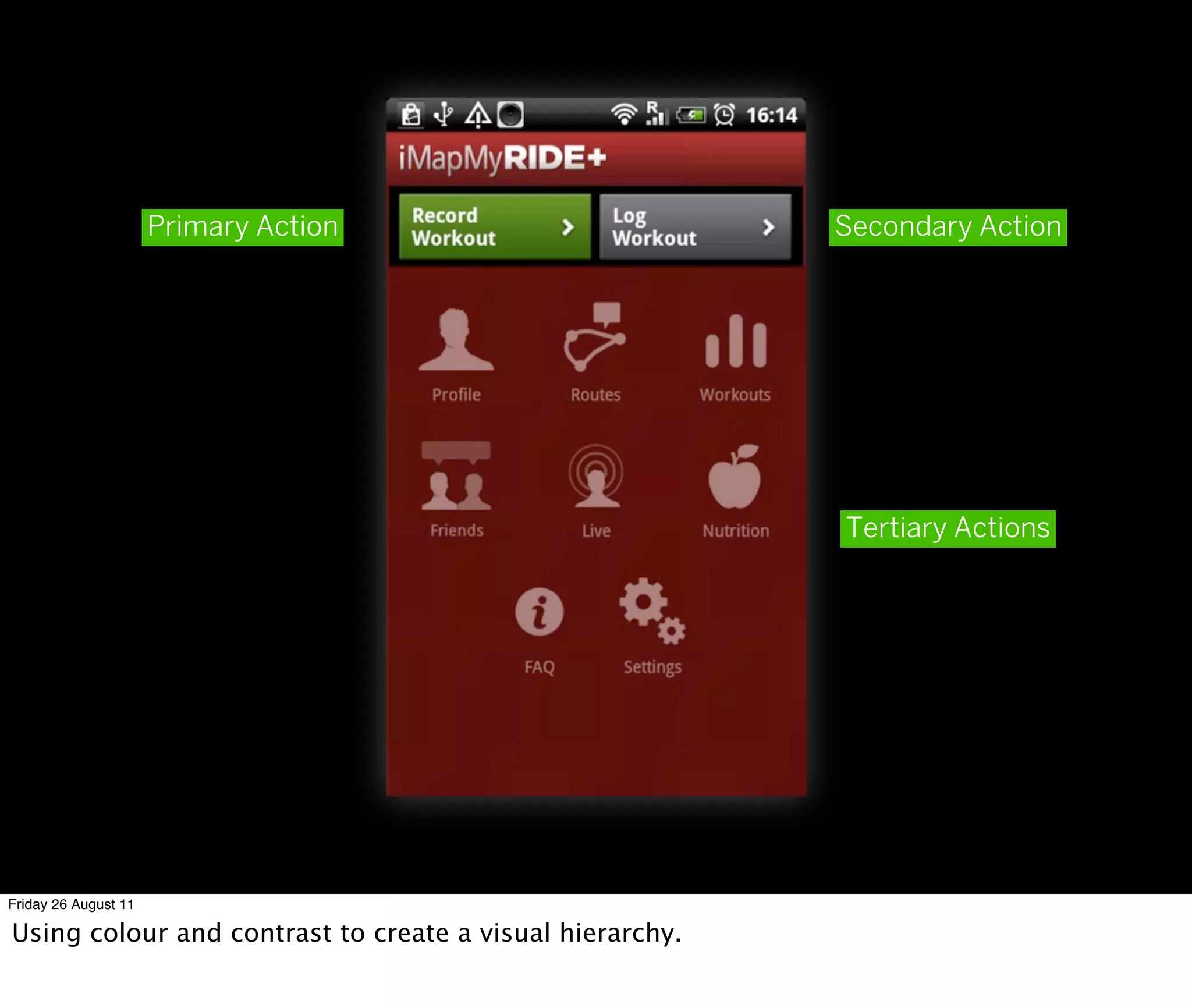Primary Action                      Secondary Action




                                                          Tertiary Actions




Friday 26 August 11

Using colour and contrast to create a visual hierarchy.
 