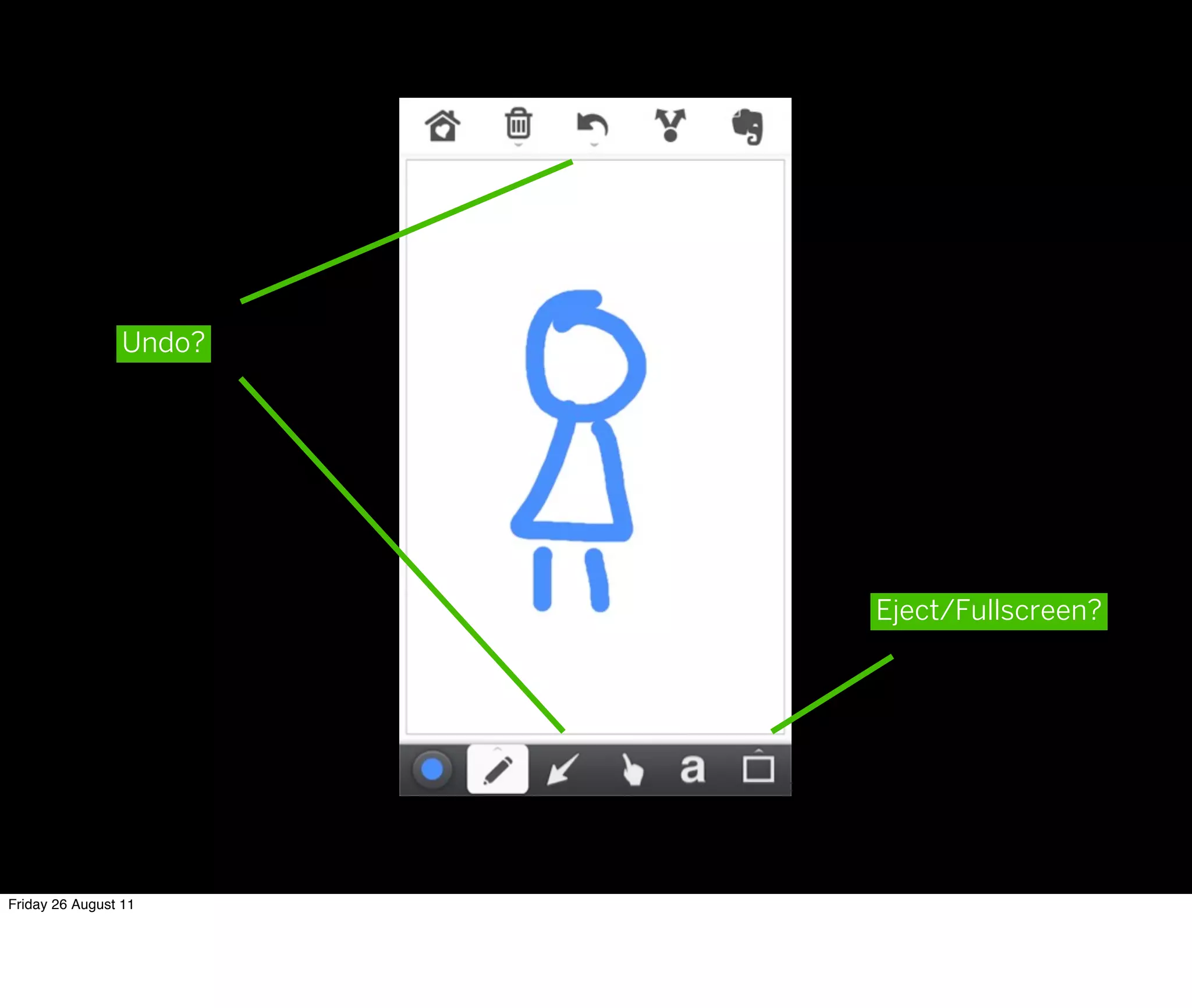 Undo?




                         Eject/Fullscreen?




Friday 26 August 11
 