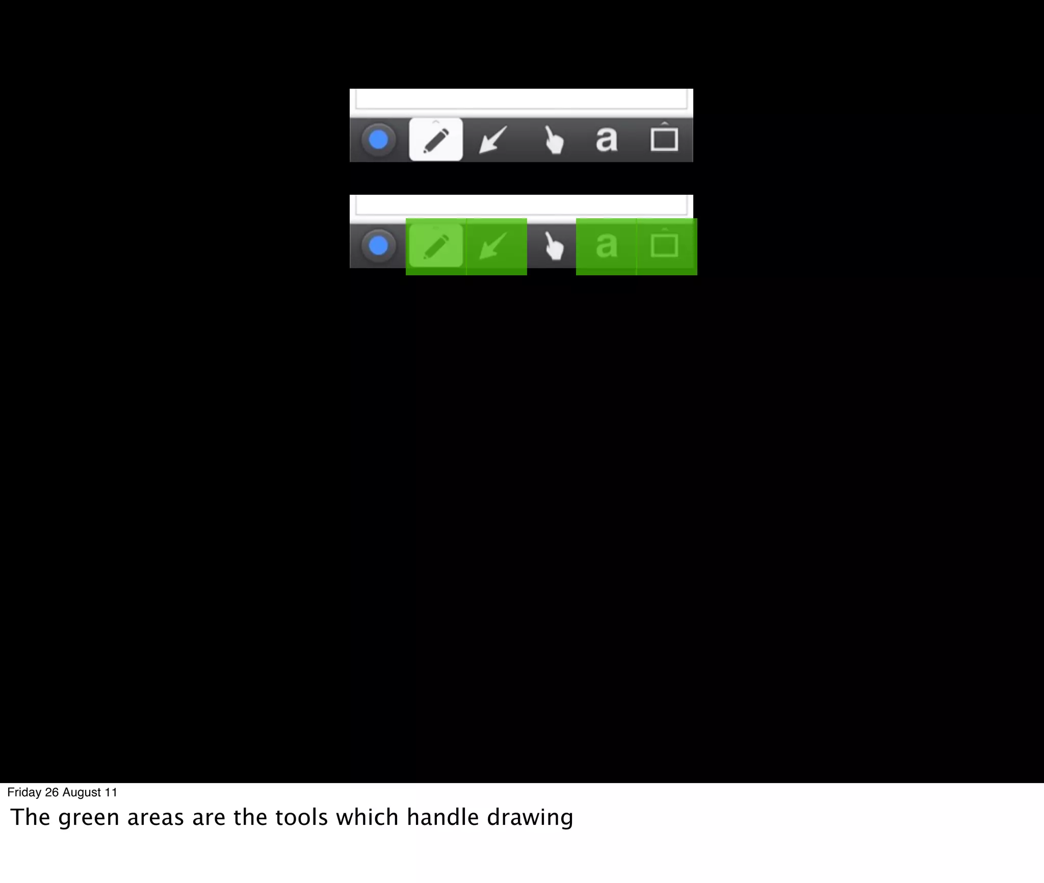 Friday 26 August 11

The green areas are the tools which handle drawing
 