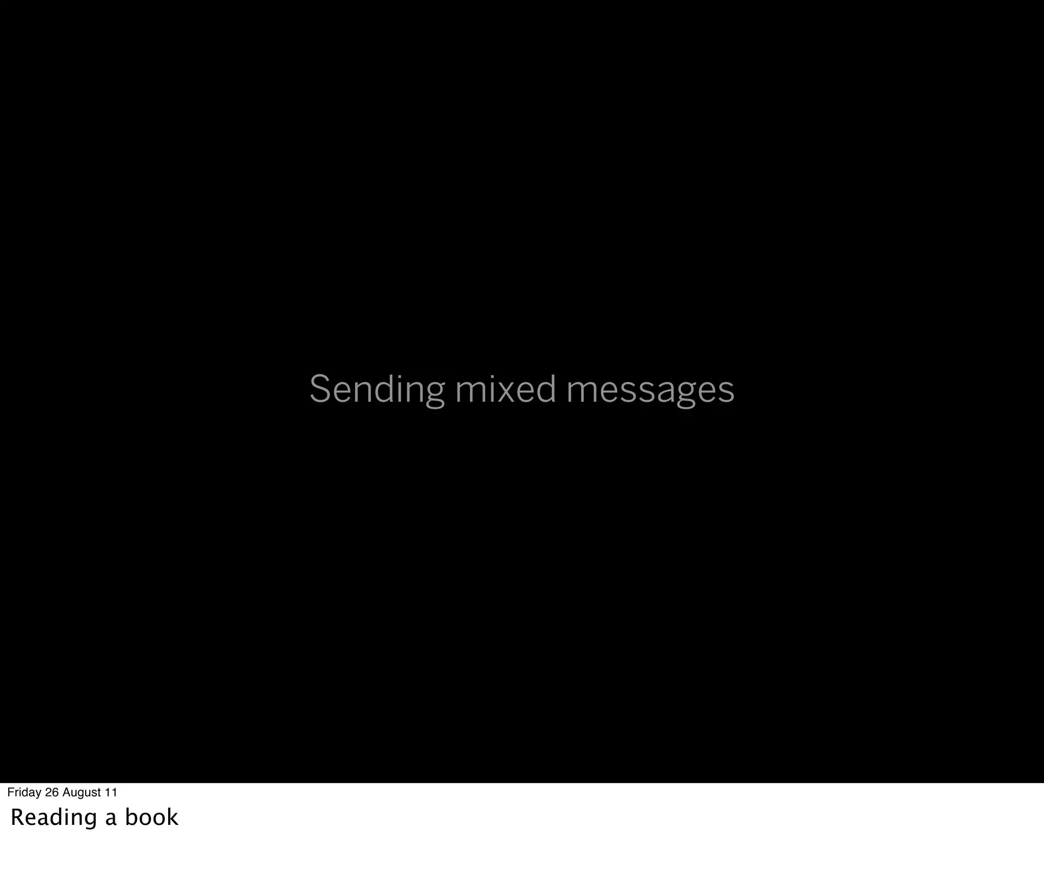 Sending mixed messages




Friday 26 August 11

Reading a book
 