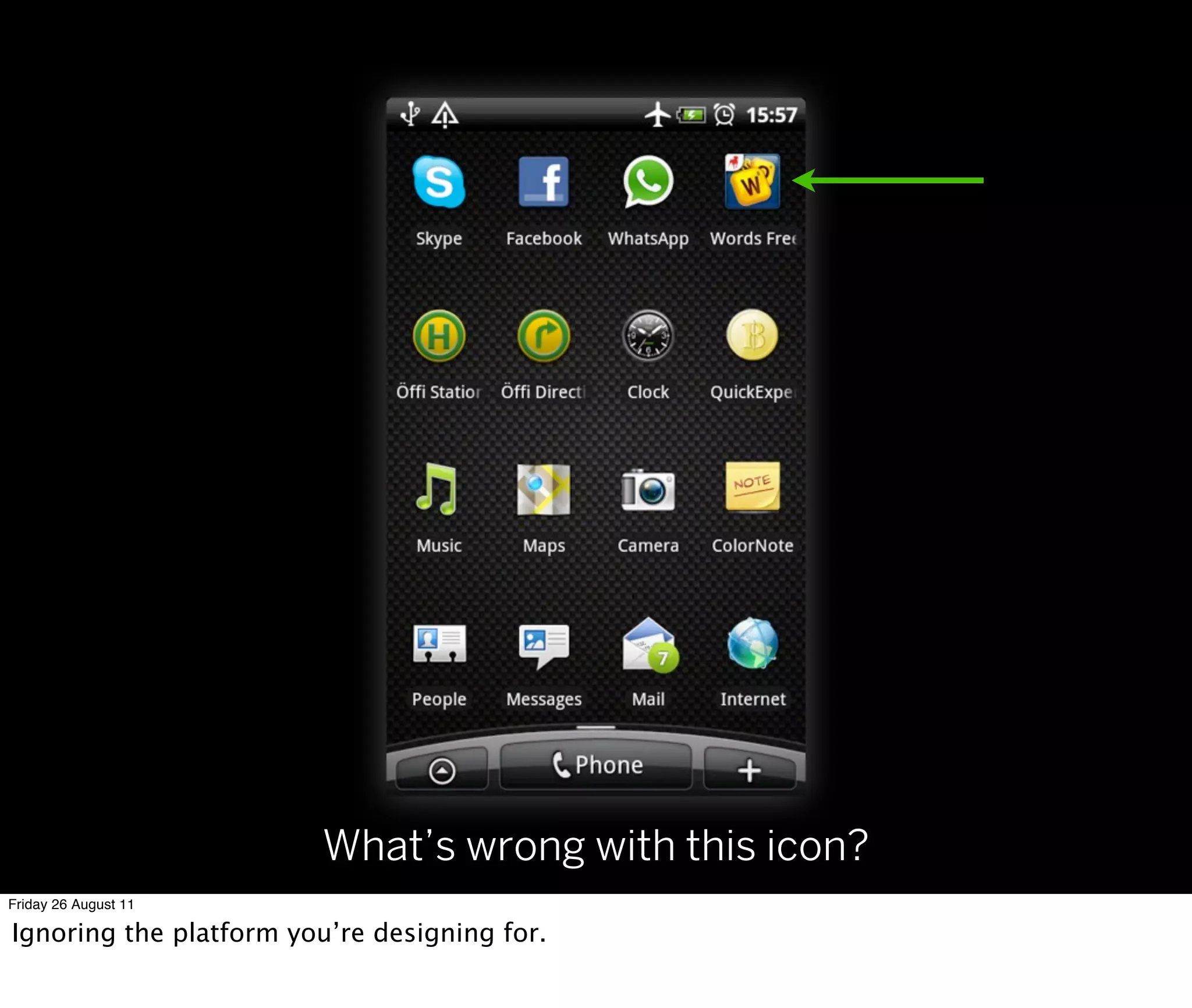 What’s wrong with this icon?
Friday 26 August 11

Ignoring the platform you’re designing for.
 
