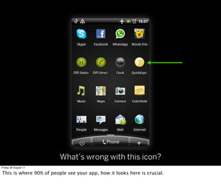What’s wrong with this icon?
Friday 26 August 11

This is where 90% of people see your app, how it looks here is crucial.
 