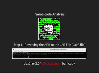   Smali code Analysis 
Step 1.  Reversing the APK to the JAR File (JavA file)
dex2jar-2.0/ d2j-dex2jar.sh bank.apk
 