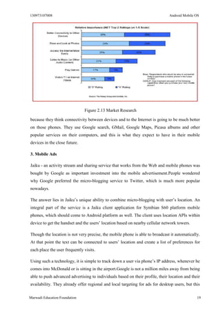 130973107008 Android Mobile OS 
Marwadi Education Foundation 19 
Figure 2.13 Market Research 
because they think connectivity between devices and to the Internet is going to be much better on those phones. They use Google search, GMail, Google Maps, Picasa albums and other popular services on their computers, and this is what they expect to have in their mobile devices in the close future. 
3. Mobile Ads 
Jaiku - an activity stream and sharing service that works from the Web and mobile phones was bought by Google as important investment into the mobile advertisement.People wondered why Google preferred the micro-blogging service to Twitter, which is much more popular nowadays. 
The answer lies in Jaiku’s unique ability to combine micro-blogging with user’s location. An integral part of the service is a Jaiku client application for Symbian S60 platform mobile phones, which should come to Android platform as well. The client uses location APIs within device to get the handset and the users’ location based on nearby cellular network towers. 
Though the location is not very precise, the mobile phone is able to broadcast it automatically. At that point the text can be connected to users’ location and create a list of preferences for each place the user frequently visits. 
Using such a technology, it is simple to track down a user via phone’s IP address, whenever he comes into McDonald or is sitting in the airport.Google is not a million miles away from being able to push advanced advertising to individuals based on their profile, their location and their availability. They already offer regional and local targeting for ads for desktop users, but this  