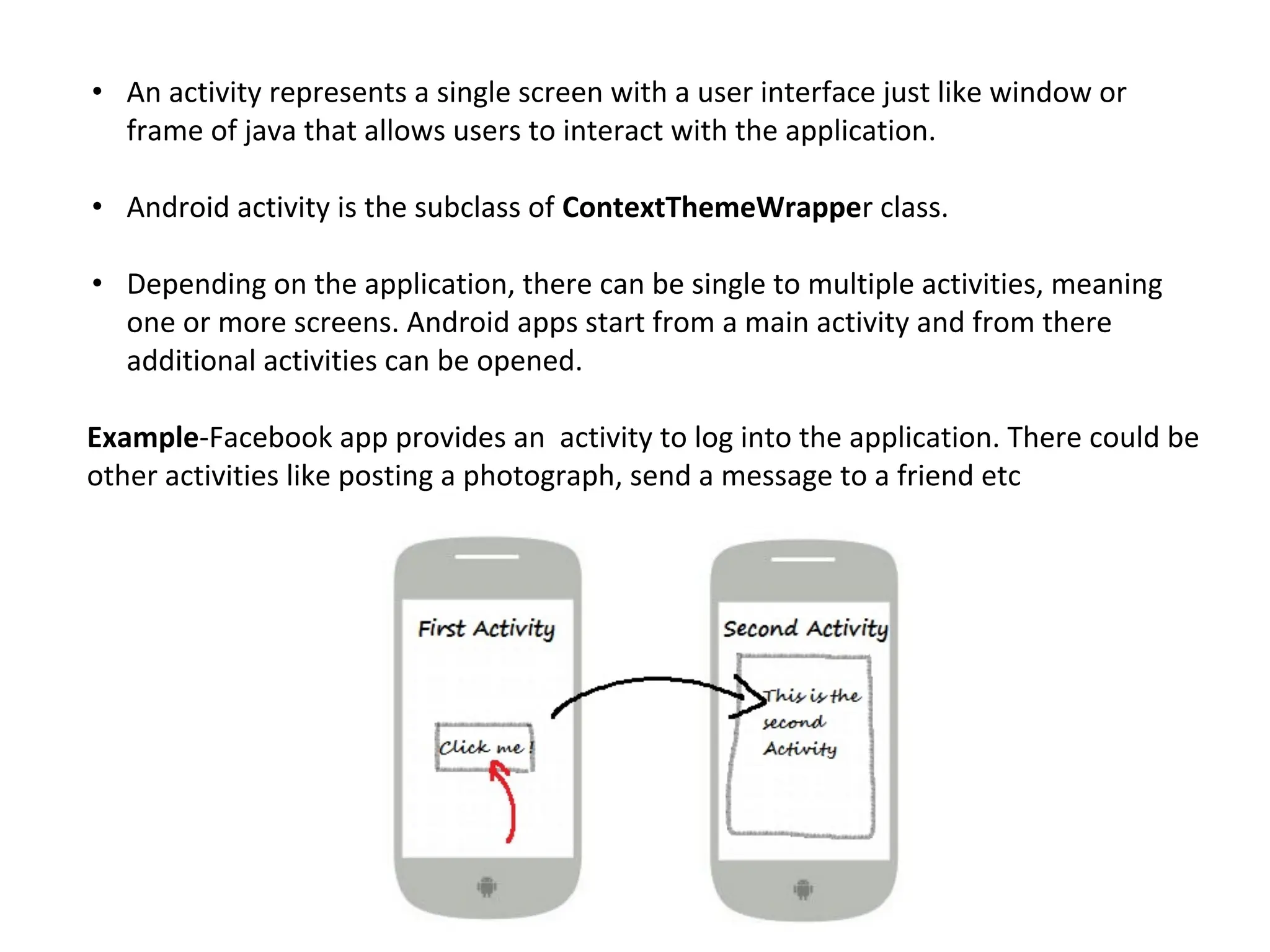• An activity represents a single screen with a user interface just like window or
frame of java that allows users to interact with the application.
• Android activity is the subclass of ContextThemeWrapper class.
• Depending on the application, there can be single to multiple activities, meaning
one or more screens. Android apps start from a main activity and from there
additional activities can be opened.
Example-Facebook app provides an activity to log into the application. There could be
other activities like posting a photograph, send a message to a friend etc
 