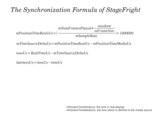 The Synchronization Formula of StageFright

                                                sizedone
                          mNumFramesPlayed+
                                             mFrameSize
 mPositionTimeRealsUs=(                                  )×1000000
                                    mSampleRate
 mTimeSourceDeltaUs=mPositionTimeRealUs−mPositionTimeMediaUs

 nowUs= RealTimeUs−mTimeSourceDeltaUs

 latenessUs=nowUs−timeUs




                             mPositionTimeRealsUs: the time in real playing
                             mPositionTimeMediaUs: the time which is defined in the media source
 