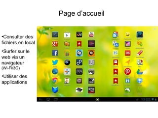 Page d’accueil


•Consulter des
fichiers en local
•Surfer sur le
web via un
navigateur
(Wi-Fi/3G)

•Utiliser des
applications
 