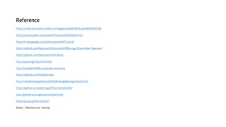 Reference
https://msdn.microsoft.com/ko-kr/magazine/dd419663.aspx#id0090006
http://martinfowler.com/eaaDev/PresentationModel.html
https://code.google.com/p/hamcrest/wiki/Tutorial
https://github.com/ReactiveX/RxJava/wiki/Blocking-Observable-Operators
https://github.com/ReactiveX/RxAndroid
http://square.github.io/retrofit/
http://jsonplaceholder.typicode.com/users
https://github.com/RoboBinding
http://robobinding.github.io/RoboBinding/getting_started.html
https://github.com/pedrovgs/EffectiveAndroidUI
http://jakewharton.github.io/butterknife/
http://square.github.io/otto/
Books: Effective unit Testing
 