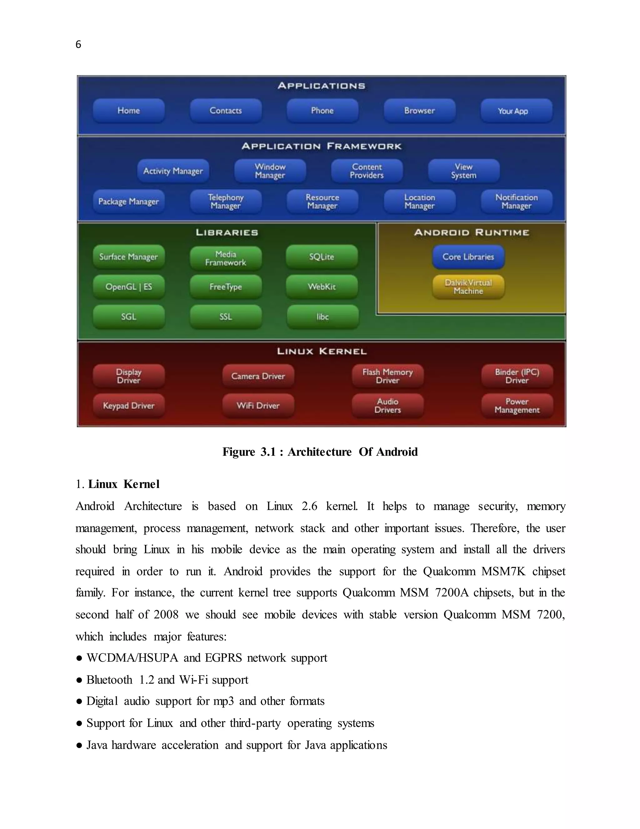 6 
Figure 3.1 : Architecture Of Android 
1. Linux Kernel 
Android Architecture is based on Linux 2.6 kernel. It helps to manage security, memory 
management, process management, network stack and other important issues. Therefore, the user 
should bring Linux in his mobile device as the main operating system and install all the drivers 
required in order to run it. Android provides the support for the Qualcomm MSM7K chipset 
family. For instance, the current kernel tree supports Qualcomm MSM 7200A chipsets, but in the 
second half of 2008 we should see mobile devices with stable version Qualcomm MSM 7200, 
which includes major features: 
● WCDMA/HSUPA and EGPRS network support 
● Bluetooth 1.2 and Wi-Fi support 
● Digital audio support for mp3 and other formats 
● Support for Linux and other third-party operating systems 
● Java hardware acceleration and support for Java applications 
 