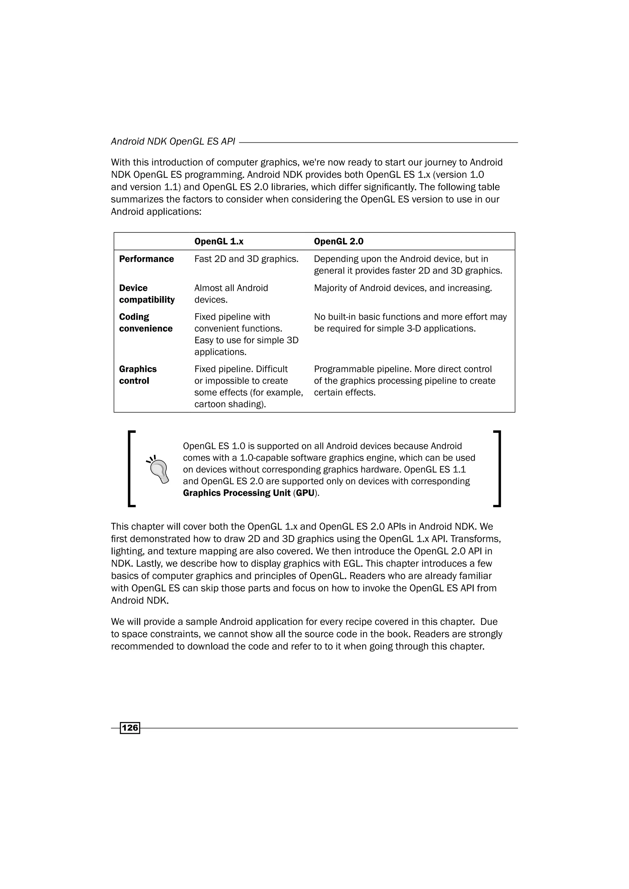 Android NDK OpenGL ES API
126
With this introduction of computer graphics, we're now ready to start our journey to Android
NDK OpenGL ES programming. Android NDK provides both OpenGL ES 1.x (version 1.0
and version 1.1) and OpenGL ES 2.0 libraries, which differ significantly. The following table
summarizes the factors to consider when considering the OpenGL ES version to use in our
Android applications:
OpenGL 1.x OpenGL 2.0
Performance Fast 2D and 3D graphics. Depending upon the Android device, but in
general it provides faster 2D and 3D graphics.
Device
compatibility
Almost all Android
devices.
Majority of Android devices, and increasing.
Coding
convenience
Fixed pipeline with
convenient functions.
Easy to use for simple 3D
applications.
No built-in basic functions and more effort may
be required for simple 3-D applications.
Graphics
control
Fixed pipeline. Difficult
or impossible to create
some effects (for example,
cartoon shading).
Programmable pipeline. More direct control
of the graphics processing pipeline to create
certain effects.
OpenGL ES 1.0 is supported on all Android devices because Android
comes with a 1.0-capable software graphics engine, which can be used
on devices without corresponding graphics hardware. OpenGL ES 1.1
and OpenGL ES 2.0 are supported only on devices with corresponding
Graphics Processing Unit (GPU).
This chapter will cover both the OpenGL 1.x and OpenGL ES 2.0 APIs in Android NDK. We
first demonstrated how to draw 2D and 3D graphics using the OpenGL 1.x API. Transforms,
lighting, and texture mapping are also covered. We then introduce the OpenGL 2.0 API in
NDK. Lastly, we describe how to display graphics with EGL. This chapter introduces a few
basics of computer graphics and principles of OpenGL. Readers who are already familiar
with OpenGL ES can skip those parts and focus on how to invoke the OpenGL ES API from
Android NDK.
We will provide a sample Android application for every recipe covered in this chapter. Due
to space constraints, we cannot show all the source code in the book. Readers are strongly
recommended to download the code and refer to to it when going through this chapter.
 