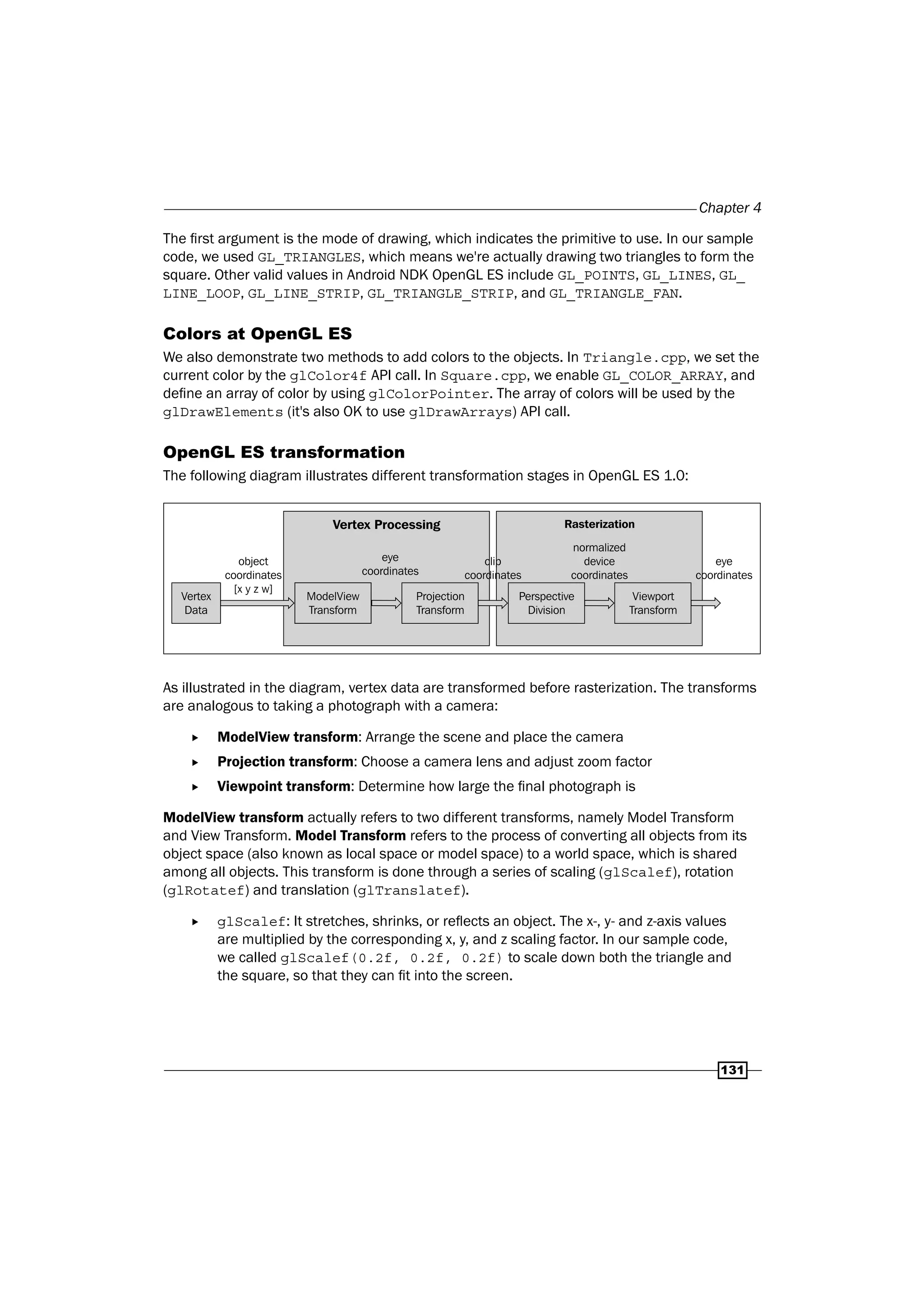 Chapter 4
131
The first argument is the mode of drawing, which indicates the primitive to use. In our sample
code, we used GL_TRIANGLES, which means we're actually drawing two triangles to form the
square. Other valid values in Android NDK OpenGL ES include GL_POINTS, GL_LINES, GL_
LINE_LOOP, GL_LINE_STRIP, GL_TRIANGLE_STRIP, and GL_TRIANGLE_FAN.
Colors at OpenGL ES
We also demonstrate two methods to add colors to the objects. In Triangle.cpp, we set the
current color by the glColor4f API call. In Square.cpp, we enable GL_COLOR_ARRAY, and
define an array of color by using glColorPointer. The array of colors will be used by the
glDrawElements (it's also OK to use glDrawArrays) API call.
OpenGL ES transformation
The following diagram illustrates different transformation stages in OpenGL ES 1.0:
object
coordinates
[x y z w]
clip
coordinates
normalized
device
coordinates
Perspective
Division
Viewport
Transform
eye
coordinates
ModelView
Transform
Projection
Transform
Vertex
Data
Vertex Processing Rasterization
eye
coordinates
As illustrated in the diagram, vertex data are transformed before rasterization. The transforms
are analogous to taking a photograph with a camera:
f ModelView transform: Arrange the scene and place the camera
f Projection transform: Choose a camera lens and adjust zoom factor
f Viewpoint transform: Determine how large the final photograph is
ModelView transform actually refers to two different transforms, namely Model Transform
and View Transform. Model Transform refers to the process of converting all objects from its
object space (also known as local space or model space) to a world space, which is shared
among all objects. This transform is done through a series of scaling (glScalef), rotation
(glRotatef) and translation (glTranslatef).
f glScalef: It stretches, shrinks, or reflects an object. The x-, y- and z-axis values
are multiplied by the corresponding x, y, and z scaling factor. In our sample code,
we called glScalef(0.2f, 0.2f, 0.2f) to scale down both the triangle and
the square, so that they can fit into the screen.
 
