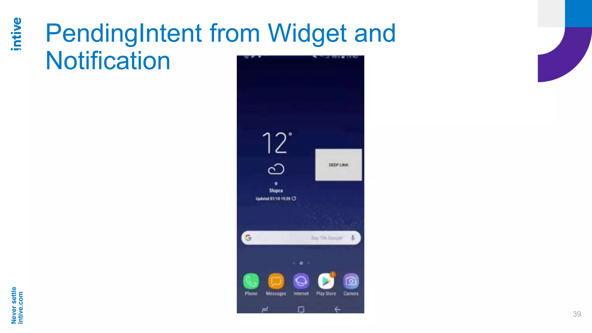 Neversettle
intive.com
39
PendingIntent from Widget and
Notification
 